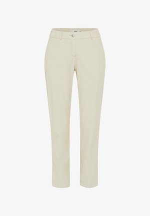 Beige Hosen aus Rippstoff mit geradem Schnitt. Mit Knopfverschluss und Gürtelschlaufen, glatter Textur und ohne sichtbare Muster.