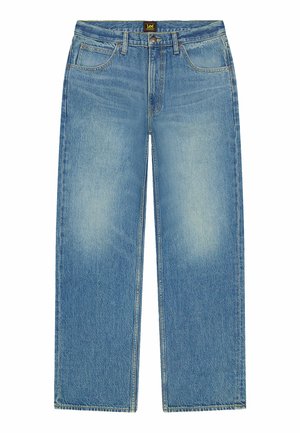 Blauwe rechte spijkerbroek met voorzakken, riemlussen en een Lee-merklabel op de tailleband.