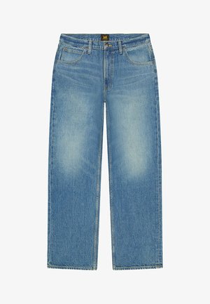 Blauwe rechte spijkerbroek met voorzakken, riemlussen en een Lee-merklabel op de tailleband.