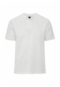 Biała koszulka polo z krótkim rękawem w strukturalnym materiale, z dekoltem henley z dwoma guzikami i małym logo na piersi.