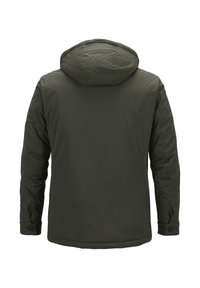 Dunkelgrüne, kapuzenjacke mit einer glatten, matten Oberfläche. Sie hat lange Ärmel und geknöpfte Manschetten. Einfaches Design, keine sichtbaren Logos oder Verzierungen.