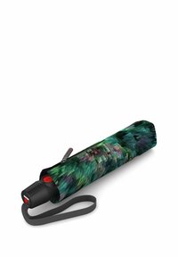 Compact umbrella with a vibrant green abstract pattern. Features a black handle, red button, and gray wrist strap for easy carrying.