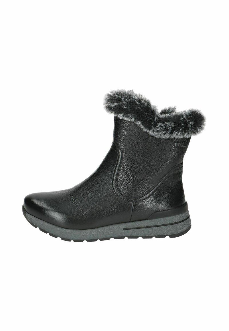 Black leather ankle boots with a grey faux fur cuff, rounded toe, textured surface, and a cushioned sole for comfort.
