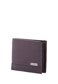 Portafoglio in pelle marrone con design bi-fold, caratterizzato da una texture liscia e dettagli cuciti. Include un logo discreto sulla parte anteriore.