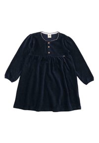 Dunkelblaues Cordkleid mit langen Ärmeln, Rundhalsausschnitt, Knopfleiste, gerafftem Bund und kontrastierendem gestreiften Besatz am Hals.