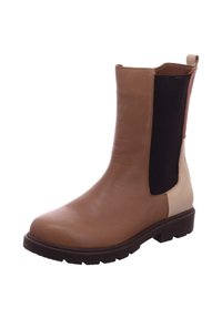 Brown leather ankle boot with elastic side panels, textured sole, rounded toe, and contrasting light beige accents. Smooth finish.