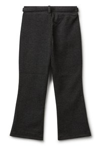 Tmavě šedé kostkované kalhoty rovného střihu s poutky na opasek, předním zapínáním a jemnou strukturou, rozložené na bílém pozadí.