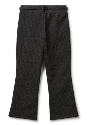 Pantaloni dritti a quadri grigi scuri con passanti per cintura, chiusura frontale e leggera texture, adagiati su uno sfondo bianco.