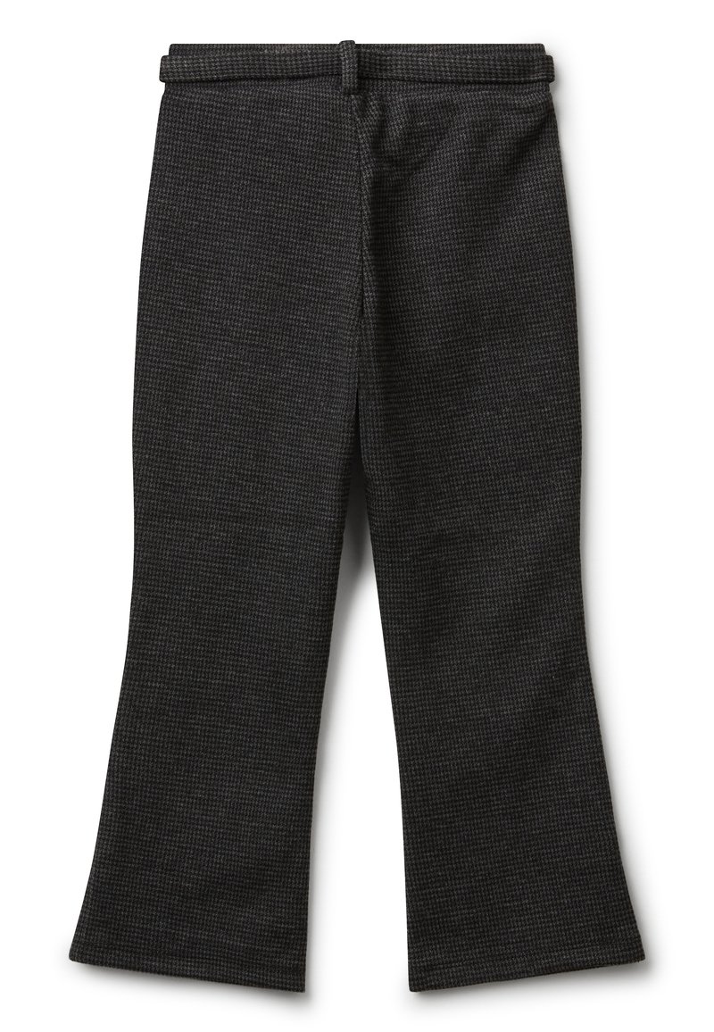 Tmavě šedé kostkované kalhoty rovného střihu s poutky na opasek, předním zapínáním a jemnou strukturou, rozložené na bílém pozadí.