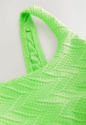 Neon zaļš teksturēts peldkostīms ar ģeometrisku rakstu, ar regulējamiem siksnām un gludu auduma apdari.