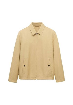 Beige lightweight jacket with a collared neckline, front zipper, and two side pockets with black buttons. Smooth texture and loose fit.