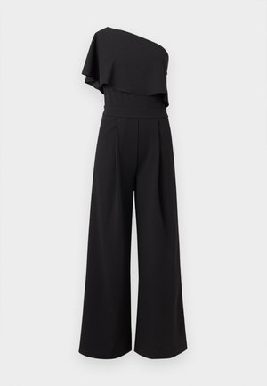 Black wide-leg jumpsuit with one-shoulder ruffle detail and fitted waist on a plain light background.
