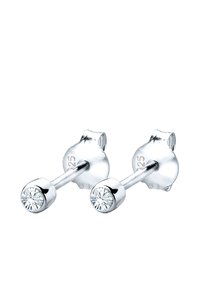 Ohrringe aus Sterlingsilber mit einem runden, klaren Zirkonia-Stein in einer Krappenfassung, mit geschliffener Oberfläche und schlichtem Design.