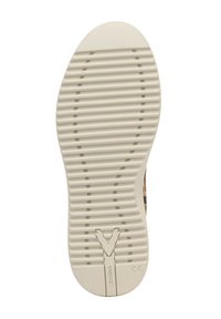 Rubber shoe sole with horizontal and vertical grooves, featuring a central logo and a rounded toe. Predominantly beige color with textured surface.