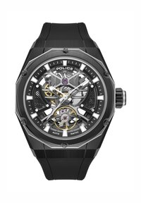 Črna ura z gumijastim trakom in osmerokotno ohišjem iz nerjavečega jekla, prozornim okostjem številčnice, srebrnimi in zlatimi poudarki ter vijoličnim rotorjem.