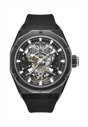 Orologio con cinturino in gomma nero, cassa ottagonale in acciaio inossidabile, quadrante scheletrato trasparente, dettagli in argento e oro, e particolare del rotore viola.