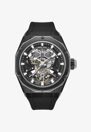 Schwarze Gummibanduhr mit achteckigem Edelstahlgehäuse, transparentem Skelettzifferblatt, Silber- und Golddetails sowie violettem Rotorakzent.