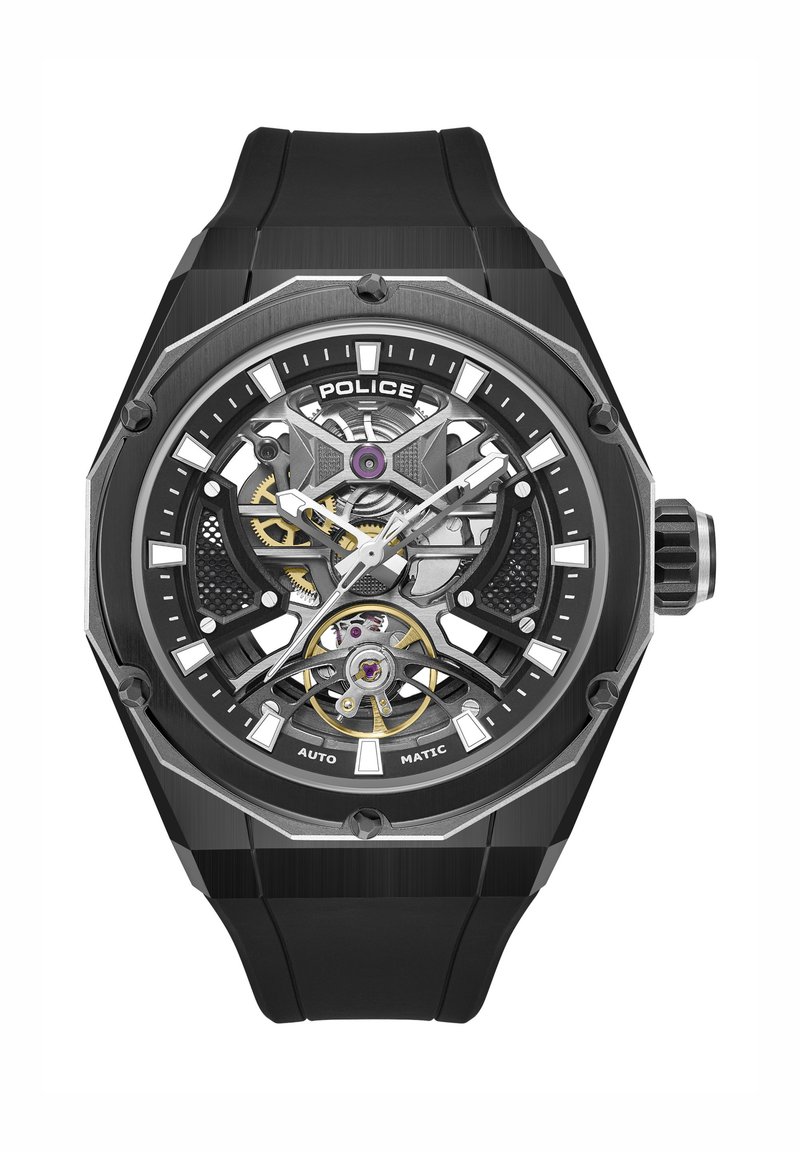 Črna ura z gumijastim trakom in osmerokotno ohišjem iz nerjavečega jekla, prozornim okostjem številčnice, srebrnimi in zlatimi poudarki ter vijoličnim rotorjem.