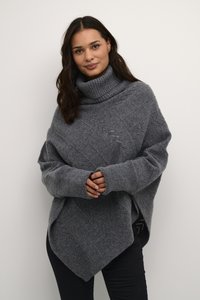 Turtleneck-Poncho aus dunkelgrauem Strickstoff mit strukturiertem Muster, mit einem drapierte Saum und weiten Ärmeln. Weiches und warmes Design.