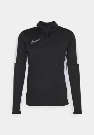 Fekete, hosszú ujjas sportfelső magas gallérral, félig cipzárral, fehér oldalsávokkal, és egy kis fehér Nike logóval a mellrészen. Sima szövettextúra.