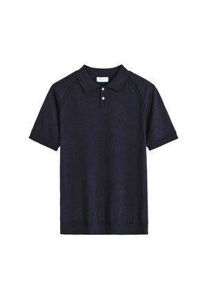 Polo-shirt à manches courtes bleu marine avec patte de boutonnage à deux boutons, poignets côtelés, col et ourlet, posé à plat sur fond blanc.