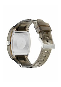 Caz de ceas din oțel inoxidabil argintiu, pătrat, cu bratara din silicon gri transparent. Brățara texturată și detaliul cu logo pe cataramă. Rezistent la apă.