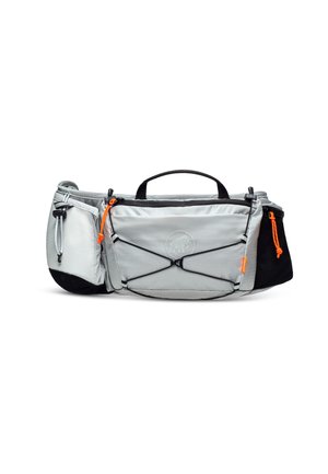Gray waist pack with black accents, featuring a central pocket with an orange zipper, additional side pouches, and a top carrying handle.