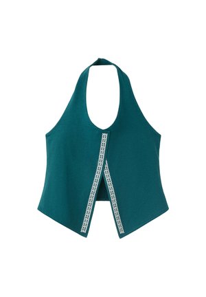 Gilet col halter bleu canard avec bordure blanche brodée et fente devant, présenté sur fond blanc. Aucun personnage présent.