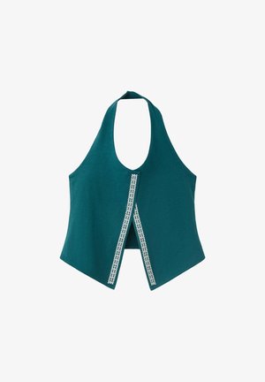 Gilet col halter bleu canard avec bordure blanche brodée et fente devant, présenté sur fond blanc. Aucun personnage présent.