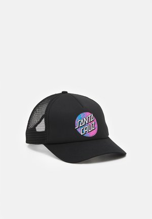 Casquette trucker en maille noire avec une visière incurvée et un logo circulaire coloré "Santa Cruz" sur le panneau avant.