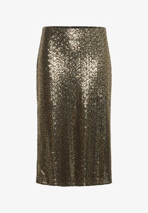 Sequin pencil skirt in gold and bronze shades, fitted silhouette, smooth lining, knee-length, with shimmering reflective details.
