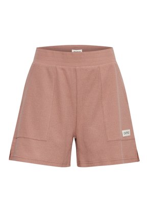 Light pink shorts made of textured fabric with a patterned surface, featuring two side pockets and a brand label on the front left.