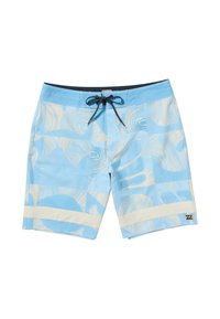 Svetlomodré plavky s abstraktnými béžovými vzormi, čierna šnúrka v páse, biele pruhy pri otvory na nohy a malý logovými nášivka.