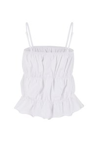 Biele bezrukávové tričko vyrobené z bavlny, s nashromadeným dizajnom a volánkovým lemom a tenkými špagetovými ramienkami.