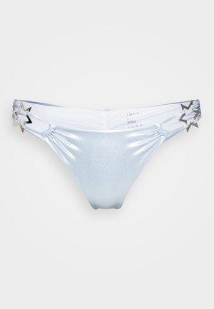 Gaišzils bikini apakšda, kas izgatavota no spīdīgas, struktūrētas auduma. Līdzās ir zvaigžņu formas metāla akcenti un savelkošas detaļas.