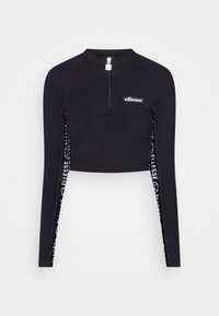 Black long-sleeve cropped top with a zip collar, featuring white branded tape along the sleeves and a small logo patch on the chest.