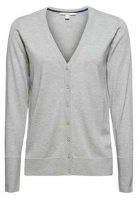 Szary kardigan z lekkiej dzianiny, z dekoltem w serek, zapięciem na guziki, długimi rękawami, ściągaczami na mankietach i u dołu. Brak wyraźnych wzorów czy ozdób.