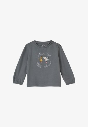 Graues Langarmshirt mit bestickten Tieren und dem Text "Star of the Show". Verfügt über Druckknöpfe an der Schulter für ein einfaches Ankleiden.