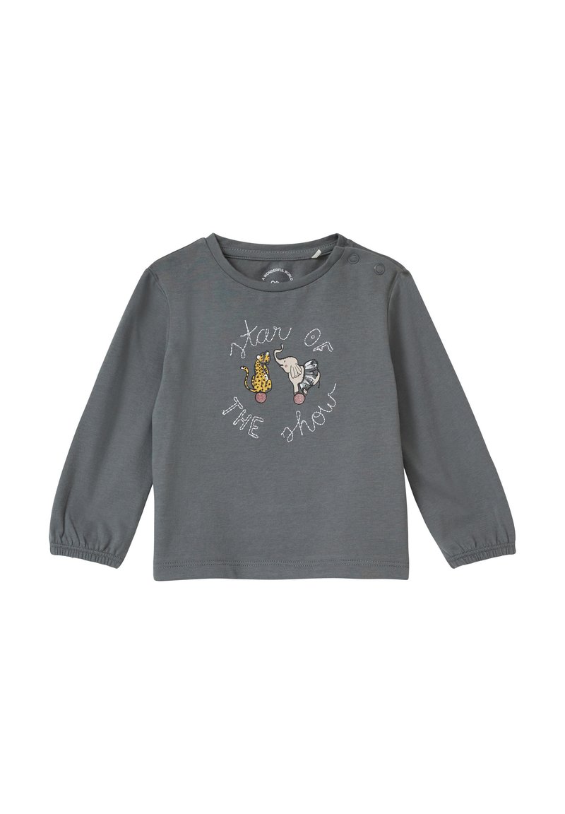 Grijze lange mouwen shirt met geborduurde dieren en de tekst "Ster van de Show". Voorzien van drukknoopjes bij de schouder voor gemakkelijk aankleden.