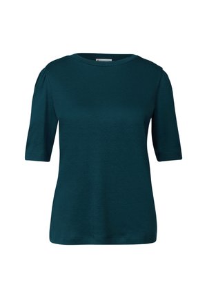 Haut teal à manches courtes avec un col rond et de subtils plis aux épaules, fabriqué en un tissu léger et doux.