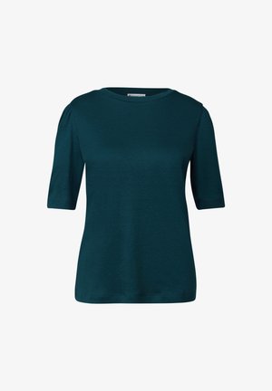 Haut teal à manches courtes avec un col rond et de subtils plis aux épaules, fabriqué en un tissu léger et doux.