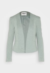 Blazer vert clair en tissu texturé, présentant une coupe ajustée, des manches longues et un devant ouvert. Pas de fermetures ni de motifs visibles.