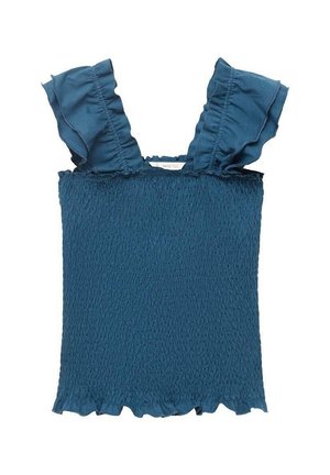 Haut sans manches smocké bleu avec de larges bretelles volantes et un ourlet légèrement volanté.