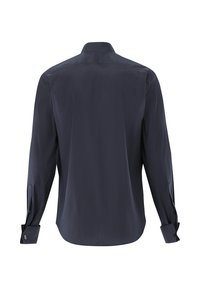 Dunkelblaues Langarmhemd mit vertikalen Streifen, Knopfmanschetten und klassischem Kragen, aus glattem Material mit taillierter Passform.