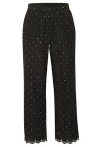 Svartmönstrade byxor med lös passform, elastisk midja och vita prickdetaljer. Vågig kantdetalj ger en dekorativ touch.