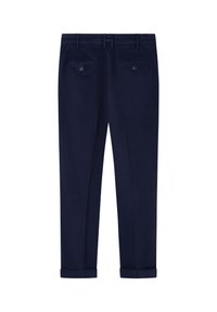 Marineblauwe broek van gladde stof, met een slanke pasvorm, omgeslagen manchet en twee achterzakken met knoopsluitingen.