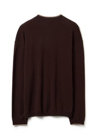 Brauner langärmeliger Pullover aus weichem Material, mit Rundhalsausschnitt, gerippten Bündchen und Saum, mit glatter Textur und ohne Muster oder Akzente.