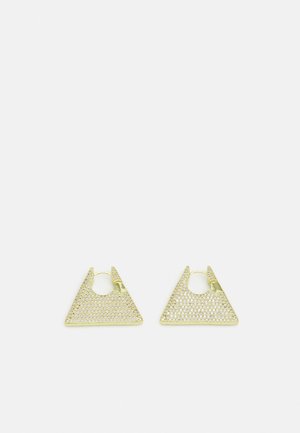 Gold-tone triangular earrings with textured surface and a round hoop attachment. Covered in small sparkling accents for a bold design.