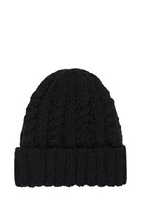 Black knitted beanie hat with a textured cable pattern and a ribbed fold-over cuff. Made from a warm, soft fabric.