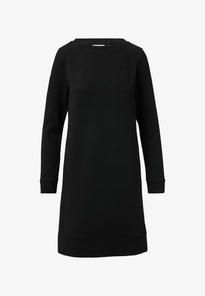 Czarna sukienka z długim rękawem o teksturowanym wzorze w jodełkę, okrągłym dekolcie i luźnym fasonie. Miękka tkanina z ribbowymi mankietami i dołem.